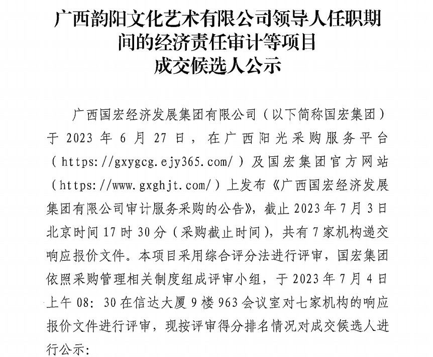 廣西韻陽文化藝術有限公司領導人任職期間的經(jīng)濟責任審計等項目成交候選人公示